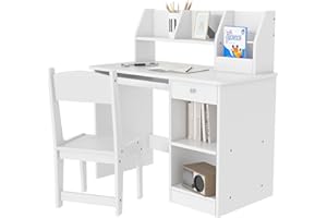 Qaba Kids Desk and Chair Set for 5-8 Year Old with Storage, Study Table and Chair for Children, White