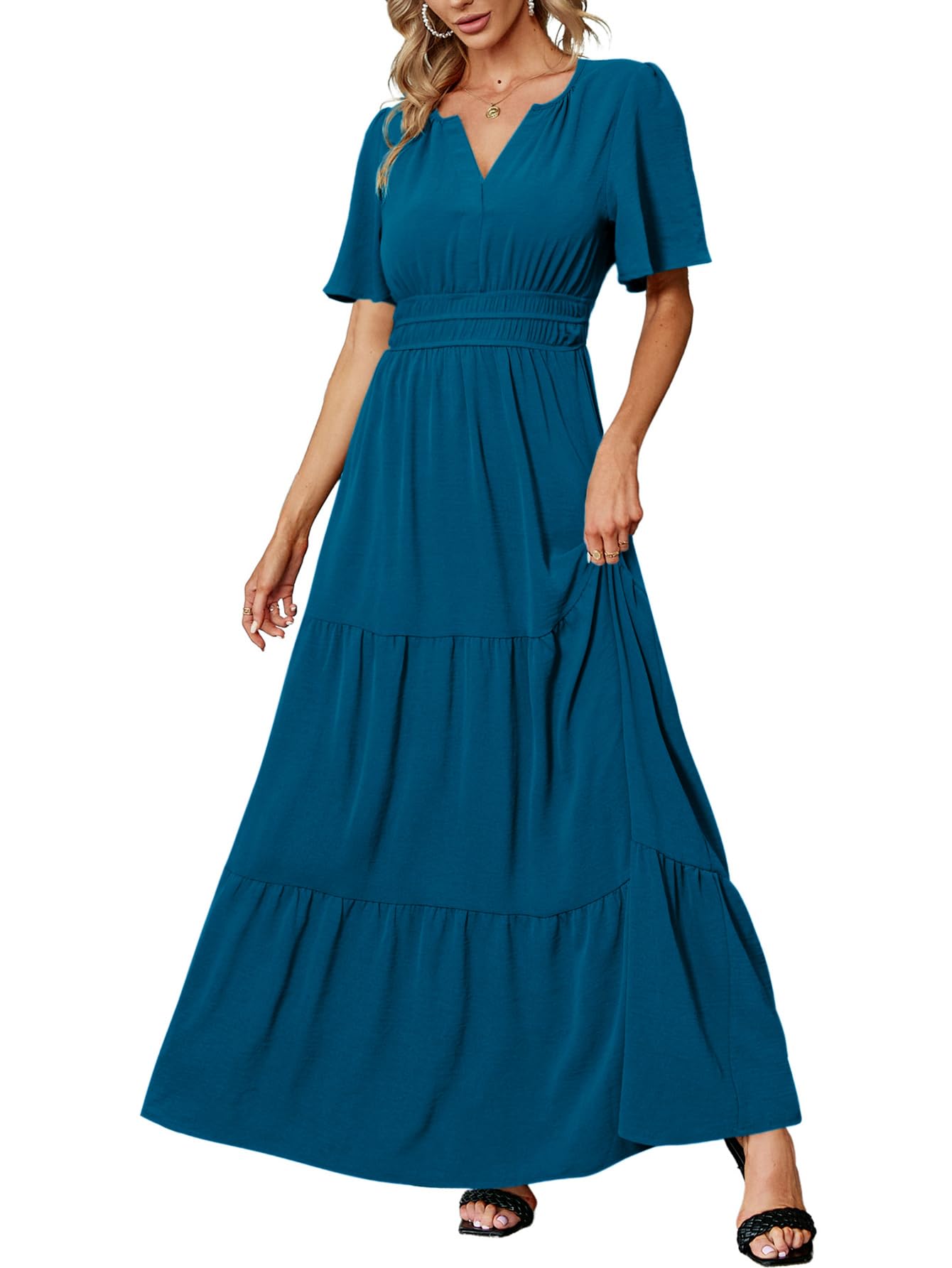 Amegoya Women's Fall Long Flowy Maxi Dresses Casual High Waist V Neck Maxi Dress Bump Friendly Wedding Guest Dress (Lake Blue XXL) Image