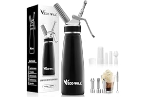 ECO-WILL Professional Whipped Cream Dispenser, Durable Aluminum Cream Whipper with 2 Sets of Stainless Steel and Plastic Tips