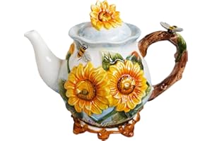 FORLONG Ceramic Coffee Pot, 3D Hand- Painted 37oz Sunflower and Bee Teapot, Home D��cor(Yellow)