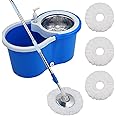 Mop and Bucket Set, 360° Spin Mop and Bucket with Wringer Set and 3 Microfiber Mop Refills, Stainless Steel 61'' Extended Handle Spinning Mop Bucket System for Floor Cleaning
