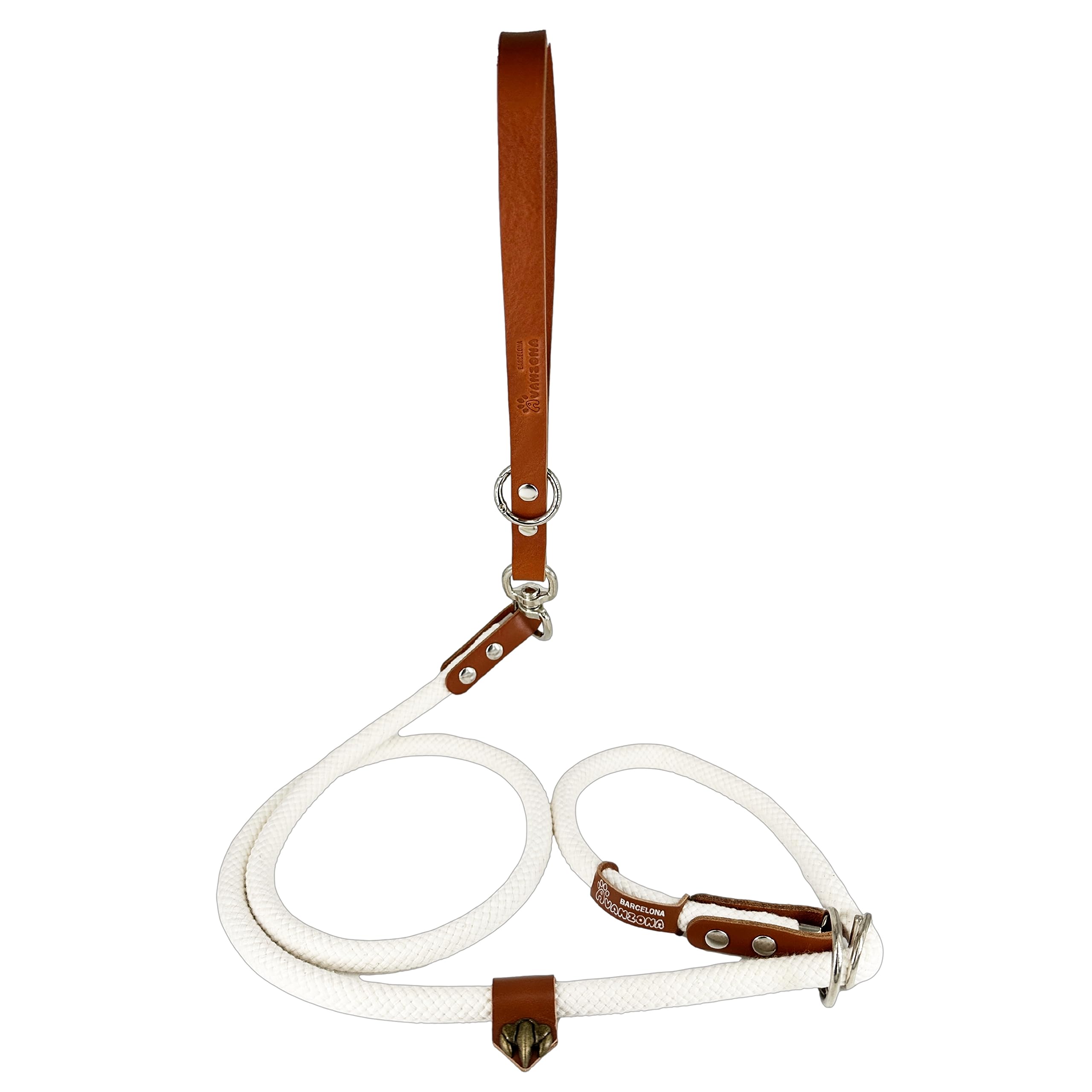 Anti Pulling Dog Lead with Martingale Collar and Leather Handle. Made in Spain. Training Leash for Small, Medium and Large Dogs. 160 cm. White&Cognac