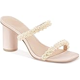 Guayonng Womens Chunky Heeled Sandals Pearl Strappy Open Square Toe Slip-on Block Heels Backless Mules Shoes