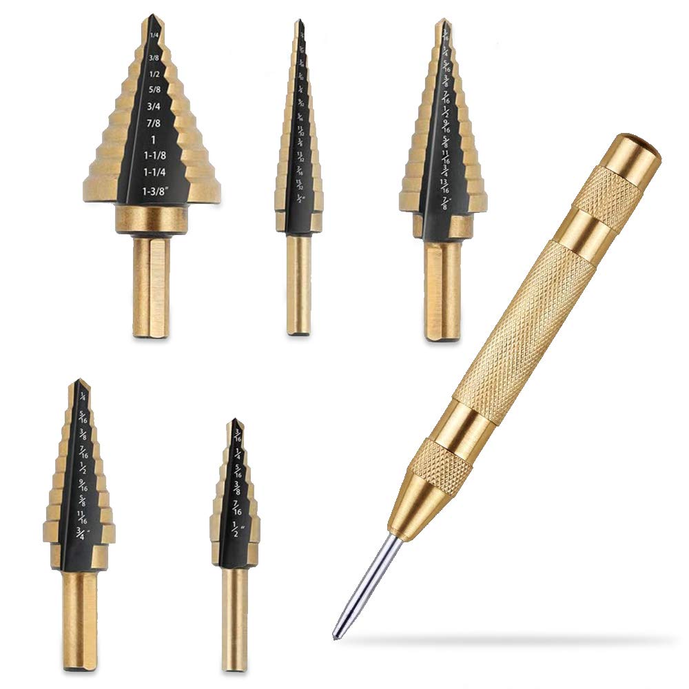 Loboo Idea 6 Pieces/Set Step Drill Bit Set & Automatic Center Punch, Double Cutting Blades, High Speed Steel, Short Length Drill Bits Set of 5 pcs, Total 50 Sizes with Aluminum Case