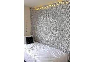 Popular Handicrafts Tapestry Wall Hanging Hippie Mandala Bohemian Hippy Intricate Indian Tapestries Bedspread 90 x 108 Inches (230cm x 270cm) Black & White