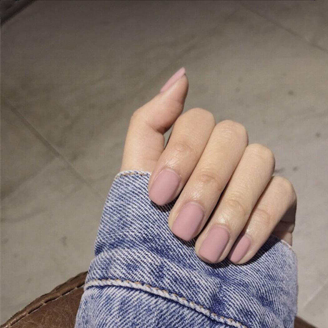 Yienate False Nails Gray Pink Frosted Short Square Head French Nails Full Cover Nail Tips Fake Nails for Women and Girls 24Pcs
