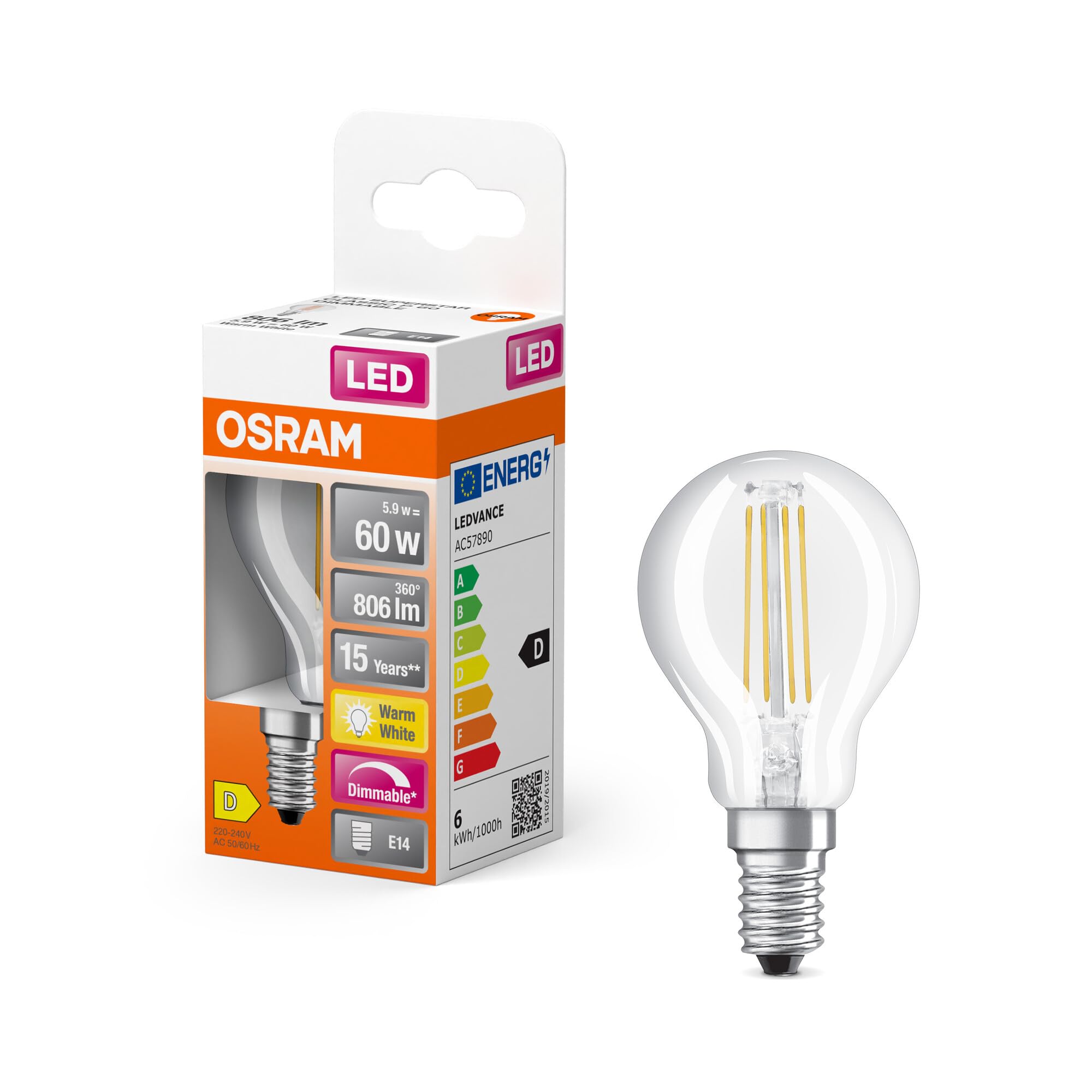 Osram LED Lamp | Base: E14 | Warm White | 2700 K | 6.5 W | Replacement for 60 W | LED Three Step DIM Classic P