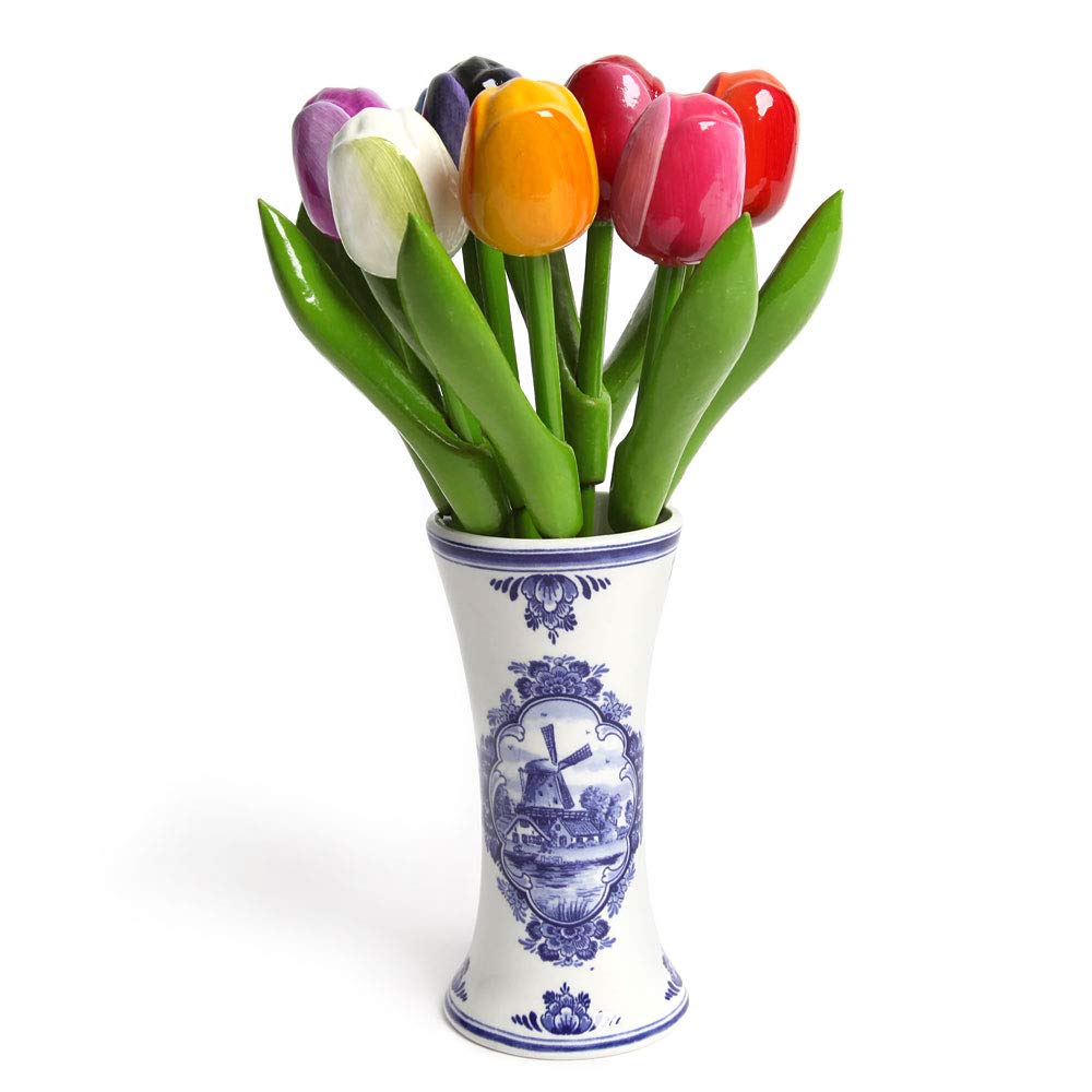 Wooden Tulip Bouquet in a Dutch-Style Vase, 9 wooden Tulips, 21 cm high incl. Vase, Hand-Painted, Bouquet, Decoration, Made in Holland