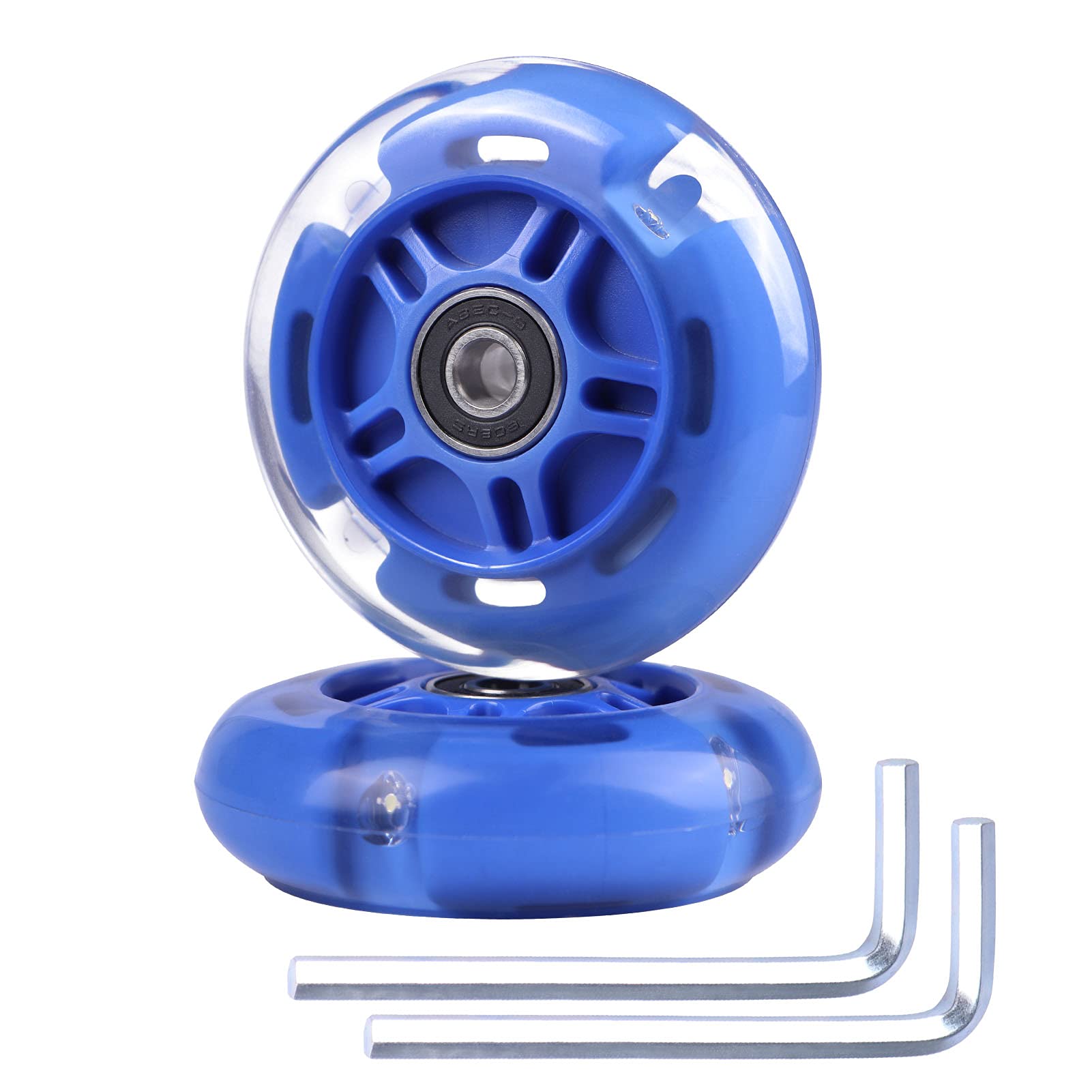 2-Pack 80mm 3-Wheeled Scooter Rear Wheels Light Up Inline Skate Replacement Wheels w/Bearings (Blue)