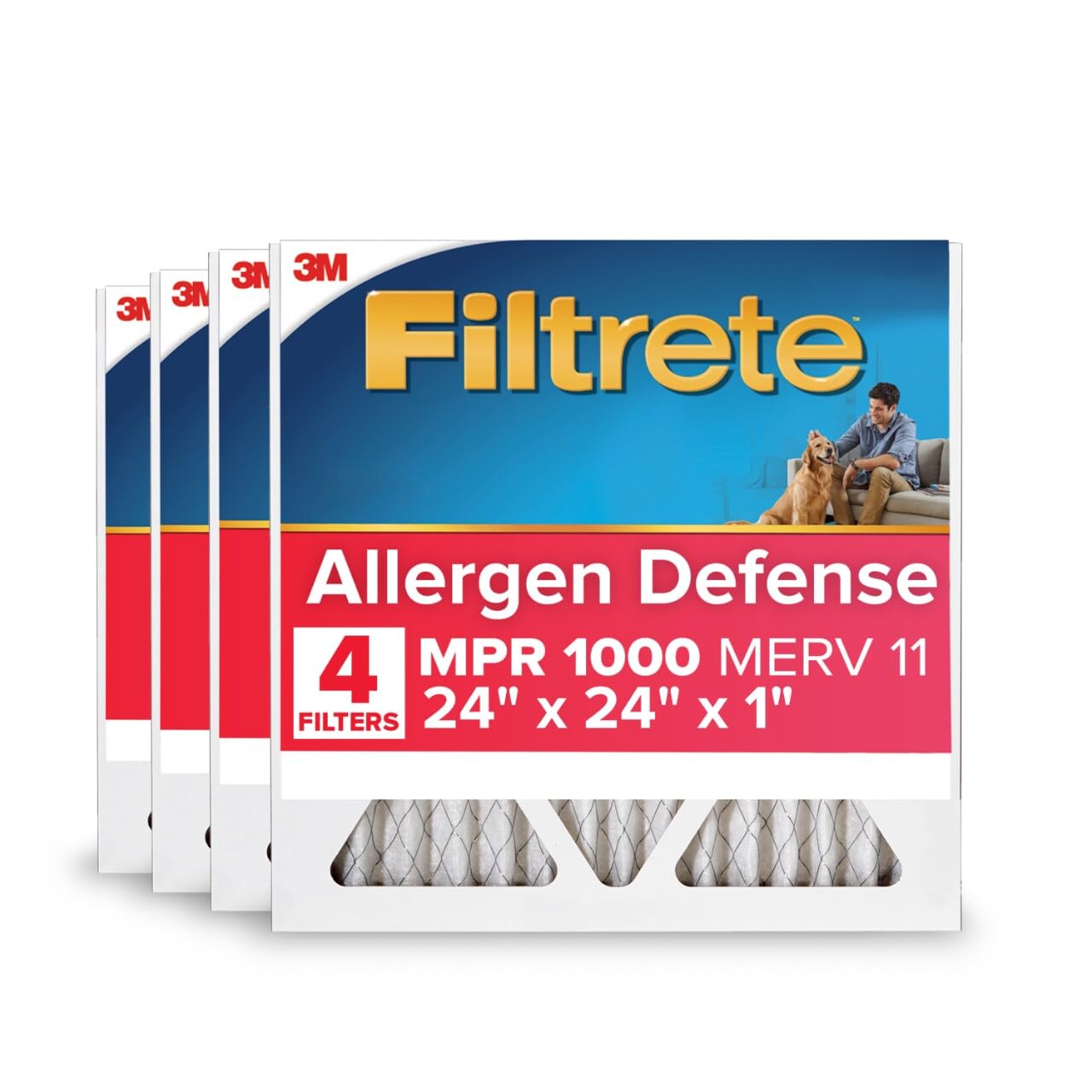 Filtrete 24x24x1 AC Furnace Air Filter, MERV 11, MPR 1000, Micro Allergen Defense, 3-Month Pleated 1-Inch Electrostatic Air Cleaning Filter, 4 Pack (Actual Size 4-Pack 23.69x23.69x0.81 in) Image