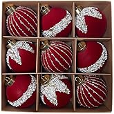 3.15inch Burgundy Velvet Christmas Ornaments Balls Flocked Christmas Tree Glittering Plastic Balls Xmas Hanging Ornaments (9 Pcs-Red)