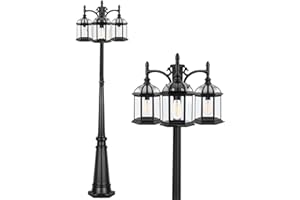 PARTPHONER Aluminum Outdoor Lamp Post Birdcage, Hardwired Street Light Post for Outside, 3-Head Pole Light Modern Lamp Post Outdoor Lighting with Clear Glass Panels for Garden Patio Backyard Walkway Driveway
