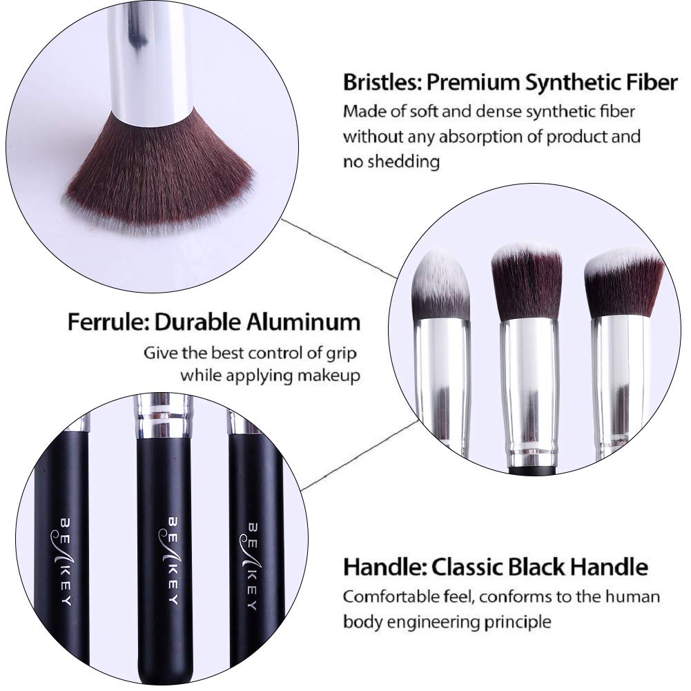 BEAKEY Makeup Brush Set, Premium Synthetic Kabuki Foundation Face Powder Blush Eyeshadow Brushes Makeup Brush Kit with Blender Sponge and Brush Cleaner (10+2pcs, Black/Silver): Beauty
