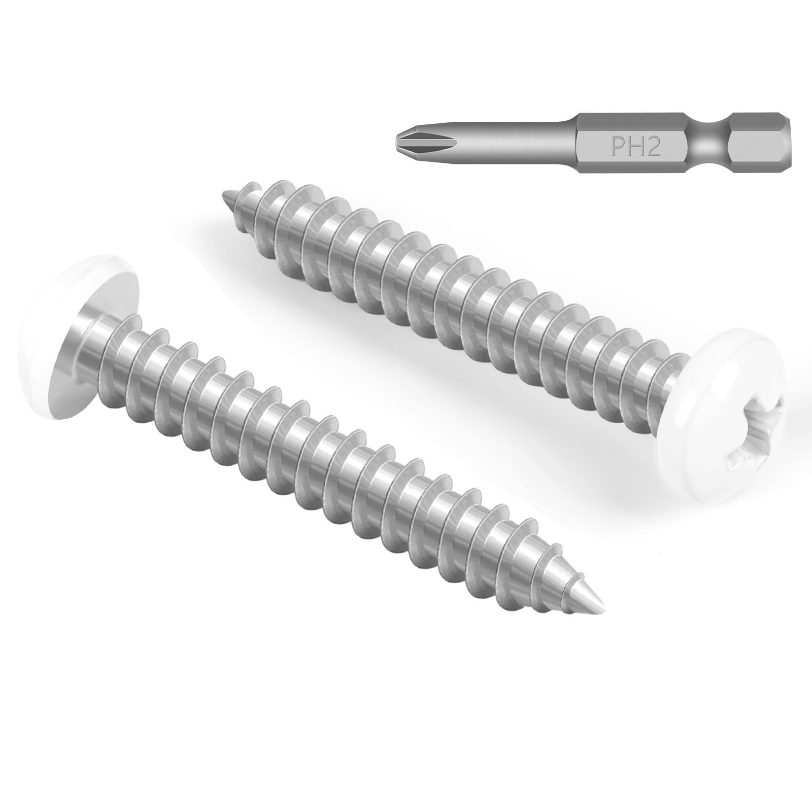 Photo 1 of 100 PCS #10 x 1 White Head Sheet Metal Screws, Pan Head Phillips Fast Self Tapping Screws, Round Head Wood Screws, Screwdriver Bit Included
