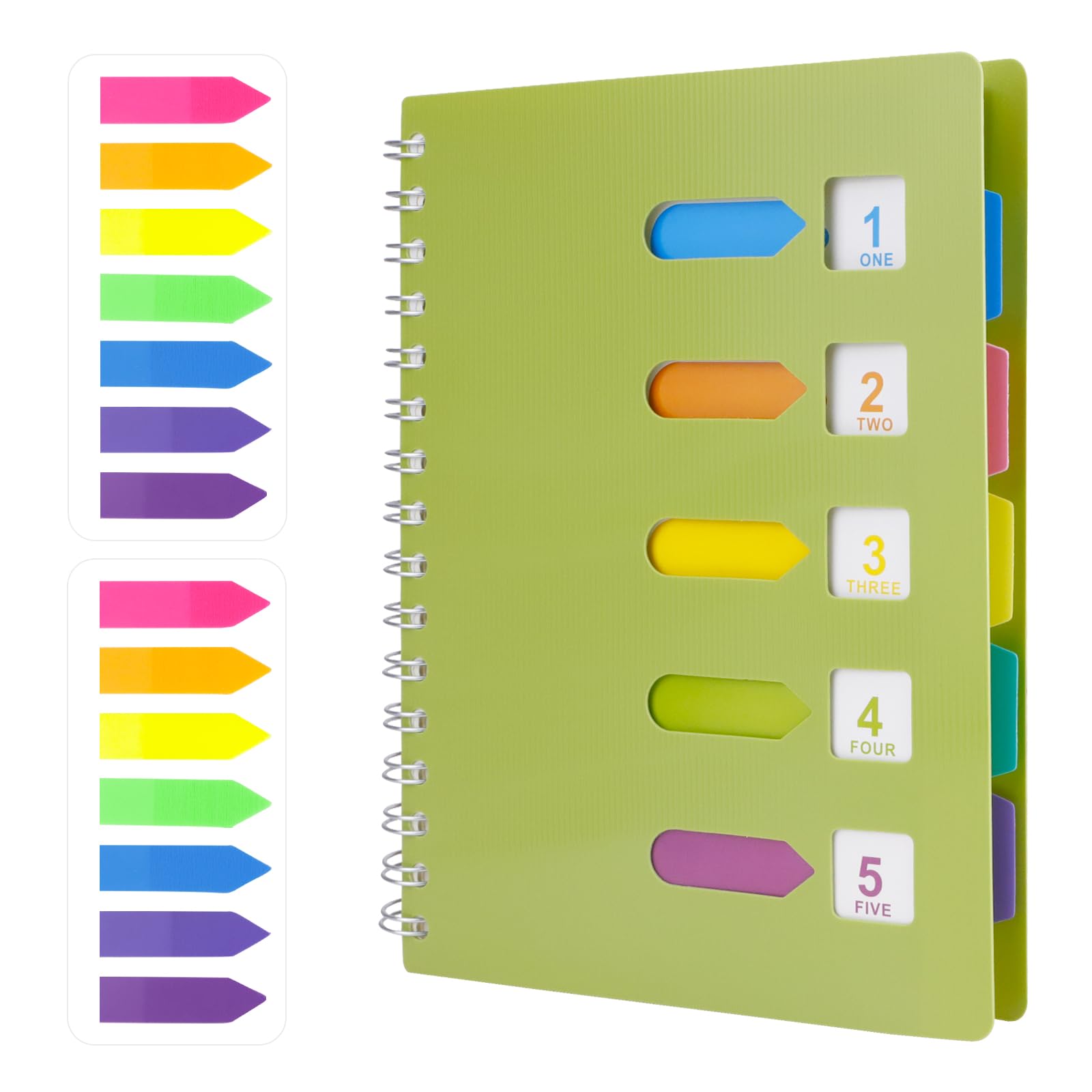 HMIEPRS A5 Notebook with Dividers, Subject Spiral Notebook with 2Pcs 7 Colored Index Tabs, 240 Pages Wirebound Project Notebooks, Plastic Cover Lined Journal for Student School Office Study (Green)