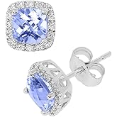 KOKAV 14K White Gold Genuine Tanzanite 5mm Cushion Diamond Stud Earrings