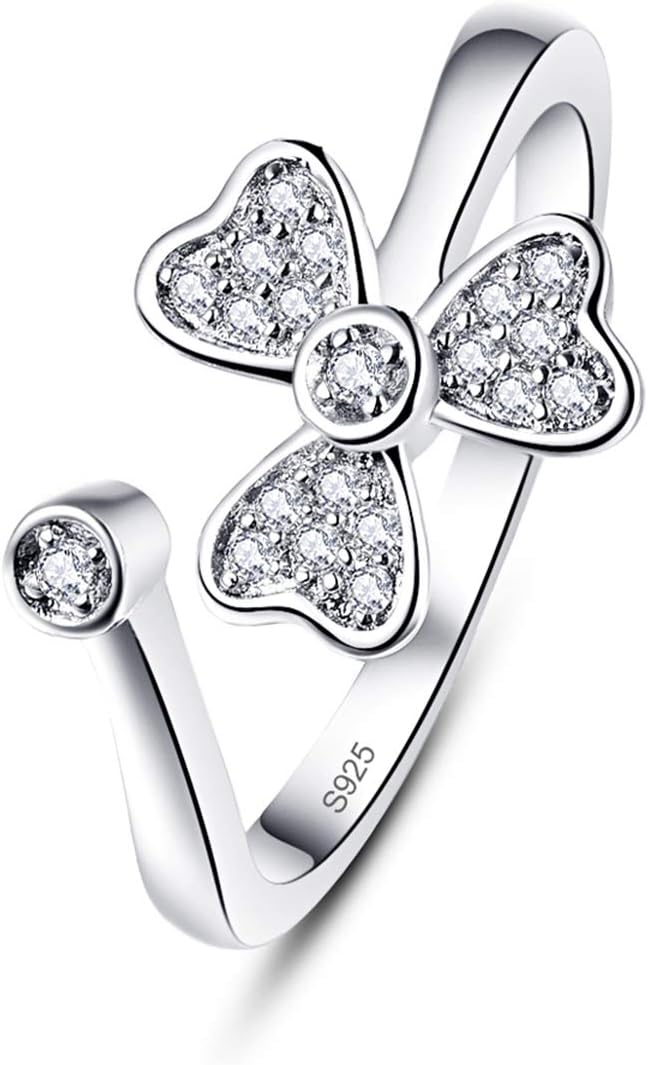 AVECON925 Sterling Silver Clover CZ Wedding Ring Cubic Zirconia Adjustable Lucky Ring for Women