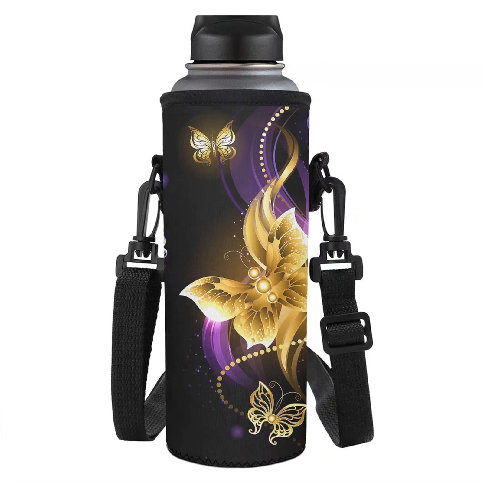 Jndtueit Golden Butterfly Pattern Water Bottle Holder Pouch Insulated Neoprene Adjustable Water Bottle Carrier Bag Case