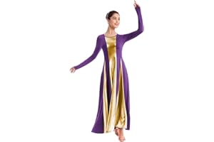 IBAKOM Womens Liturgical Praise Lyrical Dance Dress Loose Fit Full Length Long Sleeve Metallic Worship Costume Ballet