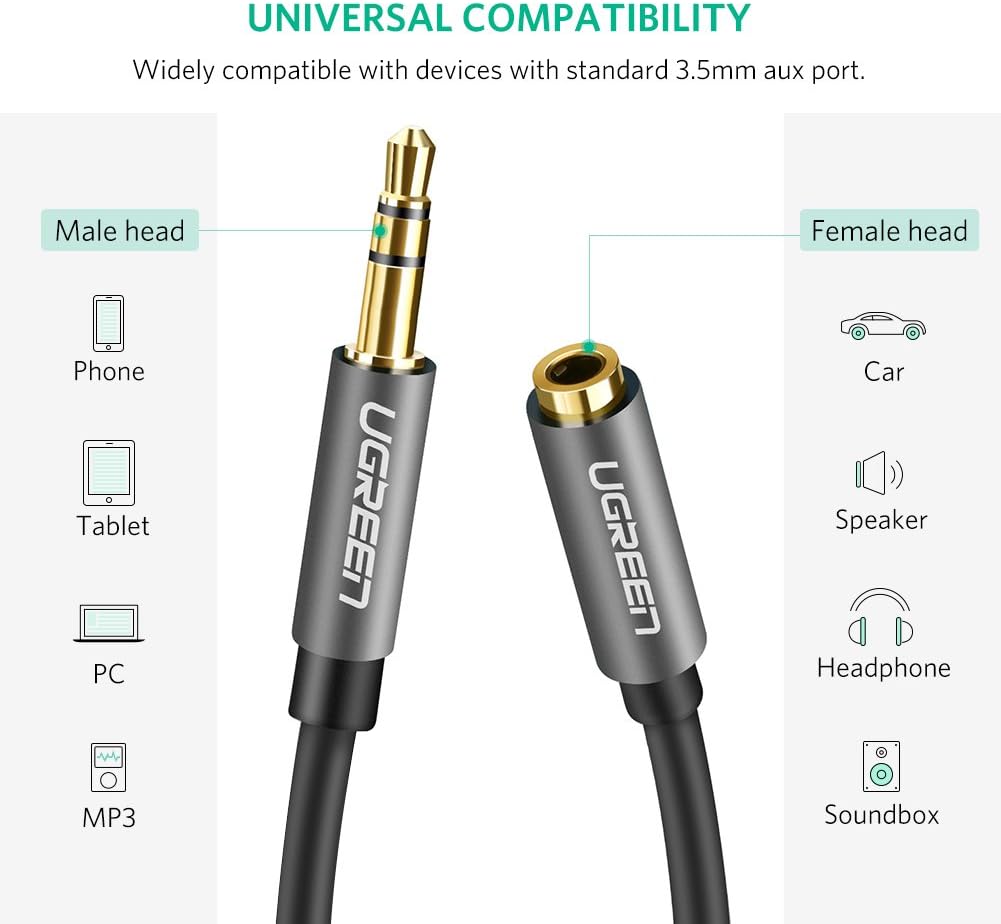 UGREEN 3.5mm Male to Female Extension Stereo Audio Extension Cable Adapter Gold Plated Compatible for iPhone, iPad, Smartphones, Tablets, Media Players Black PVC (3FT)