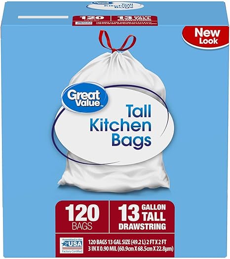 Great Value Tall Kitchen Drawstring Trash Bags 13 Gallon 120 Count Pack Of 3 Amazon Ca Home Kitchen