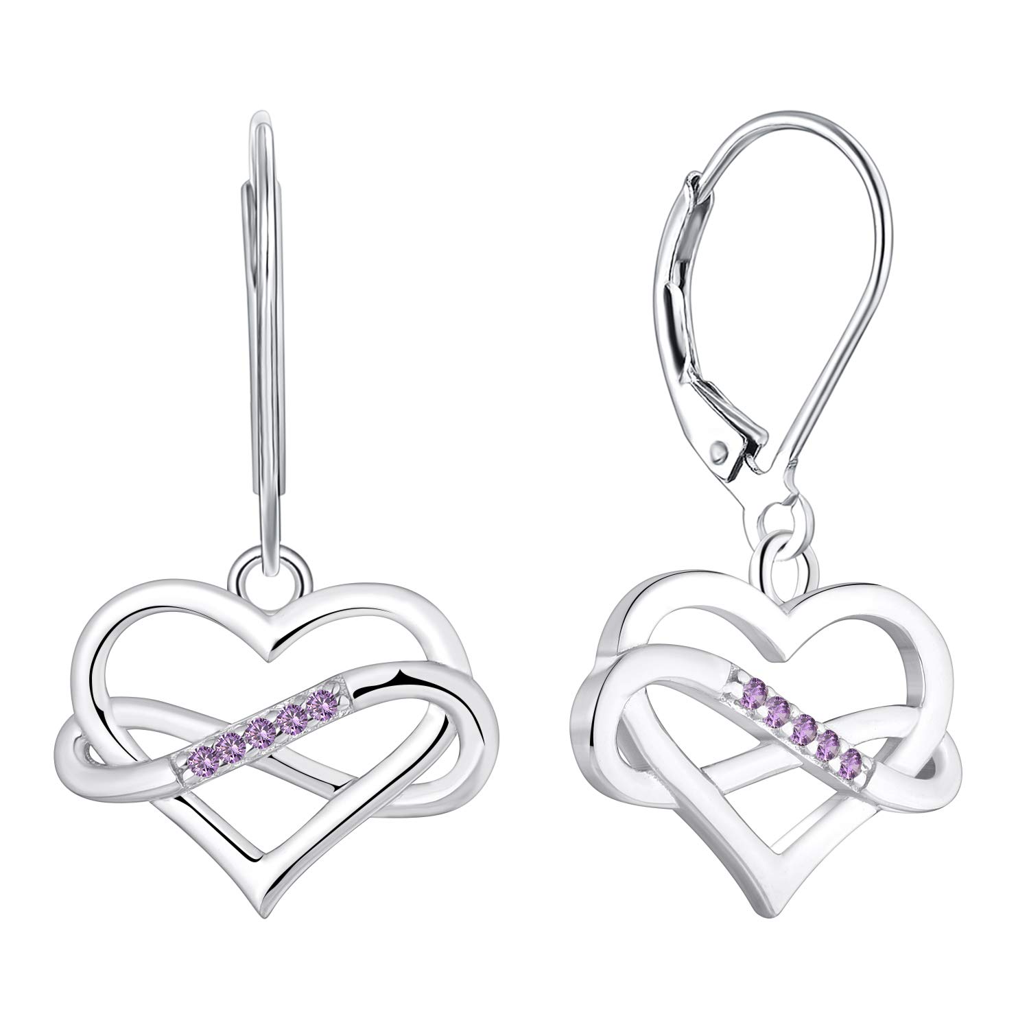 JO WISDOM Women Heart Infinity Earrings,925 Sterling Silver Leverback Dangle & Drop Earrings with 3A Cubic Zirconia February Birthstone Amethyst Color with White Gold Plated — image 1