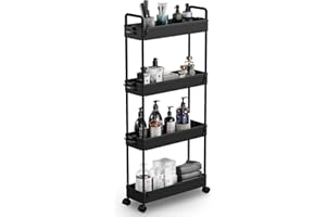 SOLEJAZZ Slim Storage Cart, 4 Tier Bathroom Organizer Mobile Shelving Unit, Rolling Utility Cart Slide Out Organizer for Kitchen, Bathroom, Laundry, Narrow Places, Black