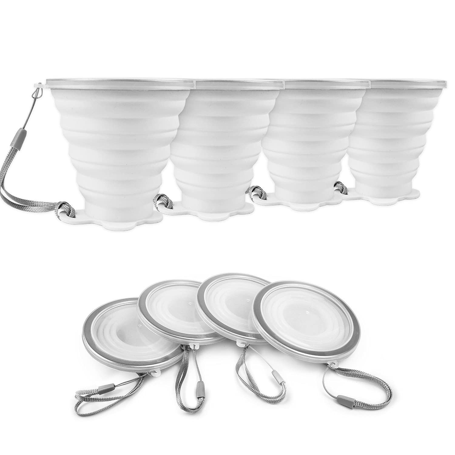 ddLUCK Silicone Foldable Cup, 4 Pack BPA Free Collapsible Travel Mugs, Folding Reusable Portable Silicone Cups with Plastic Sealing Lid for Picnic, Camping, Outdoor Hiking Travel (Translucent)