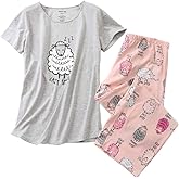ENJOYNIGHT Womens Pajama Sets Cotton Pj Set Short Sleeve Top With Capri Pants Sleepwear 2 Piece Lounge Set