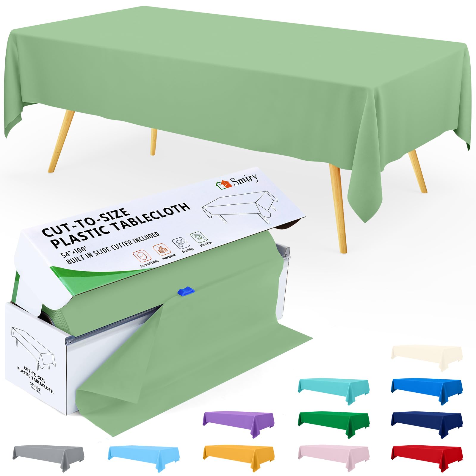 Photo 1 of Smiry 54 Inch x 300 Feet Disposable Table Cover Roll, Sage Green Plastic Table Cloth in Cut-to-Size Box with Slide Cutter, Waterproof Rectangle Tablecloths for Weddings, Banquets, Outdoor