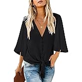luvamia Women's Casual V Neck Tops 3/4 Sleeve Tie Knot Blouses Solid Button Down Shirts