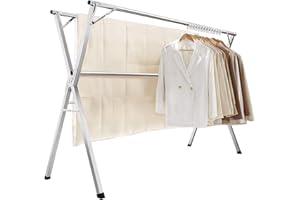SENMEO Heavy Duty Stainless Steel Triple-Bar Drying Rack - Retractable 47.24-63Inch Foldable Laundry Rack with 20 Hooks, Space-Saving Indoor/Outdoor Clothes Drying Rack for Home, Camping