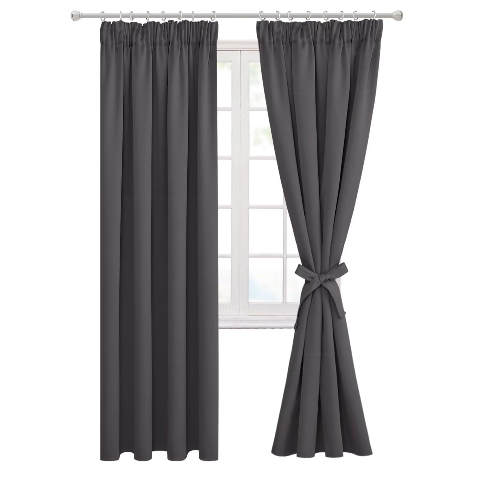 Hiasan Pencil Pleat Blackout Thermal Insulated Curtains, Bedroom and Living Room with Tiebacks, Energy Saving and Noise Reducing, 2 Panels, 55 x 79 Inch, Dark Grey