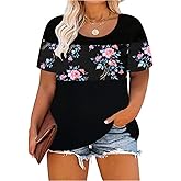CARCOS Plus Size Tops for Women Short Sleeve Summer Pullover Color Block Crewneck/V Neck Tee Tunic Loose Fit Tshirts XL-5XL