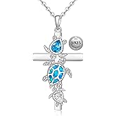 Fenthring Cross Turtle Necklace for Women Sterling Silver Blue Opal Sea Turtle Necklaces Turtles Pendant Ocean Jewelry Charm Mothers Day Christmas Gifts