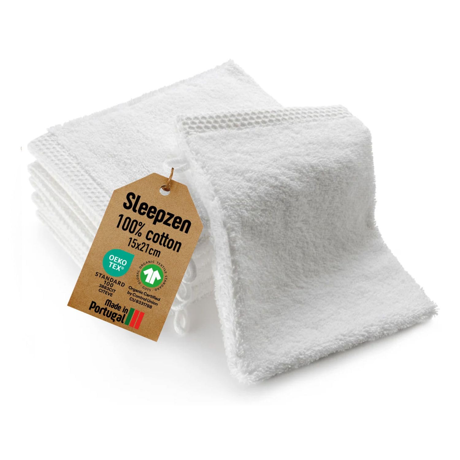 SLEEPZEN - Set of 6 Organic Cotton Face Cloths/Washcloths/Flannels (White) - GOTS Certified - 500 gsm Long-Staple Cotton - Ultra Absorbent & Soft - Oeko-Tex Certified - Made in Portugal