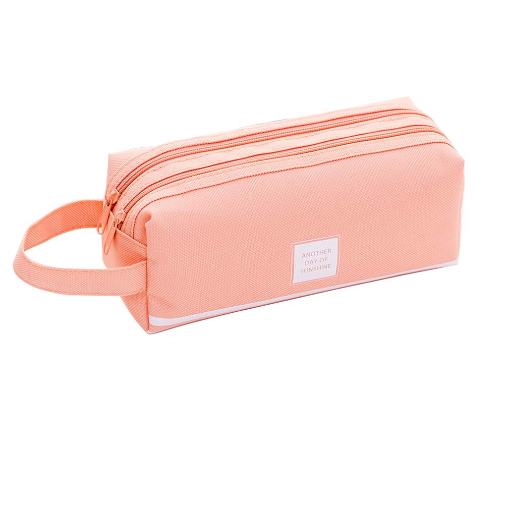 FOVERN1 Pencil Pouch,Large Capacity Canvas Pen Pencil Storage Case, Double Zipper Student Stationery Pouch Pen Bag, Multi Compartments Pen Holder for School,Office,Pink