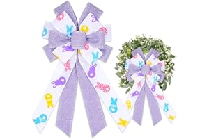 ALIBBON Large Easter Bows for Wreaths, Spring Easter Wreath Bows, Purple White Rabbit Bows for Crafts, Easter Decor, Colorful Rabbits Burlap Bows for Wreath Indoor Outdoor Wall Window Decorations