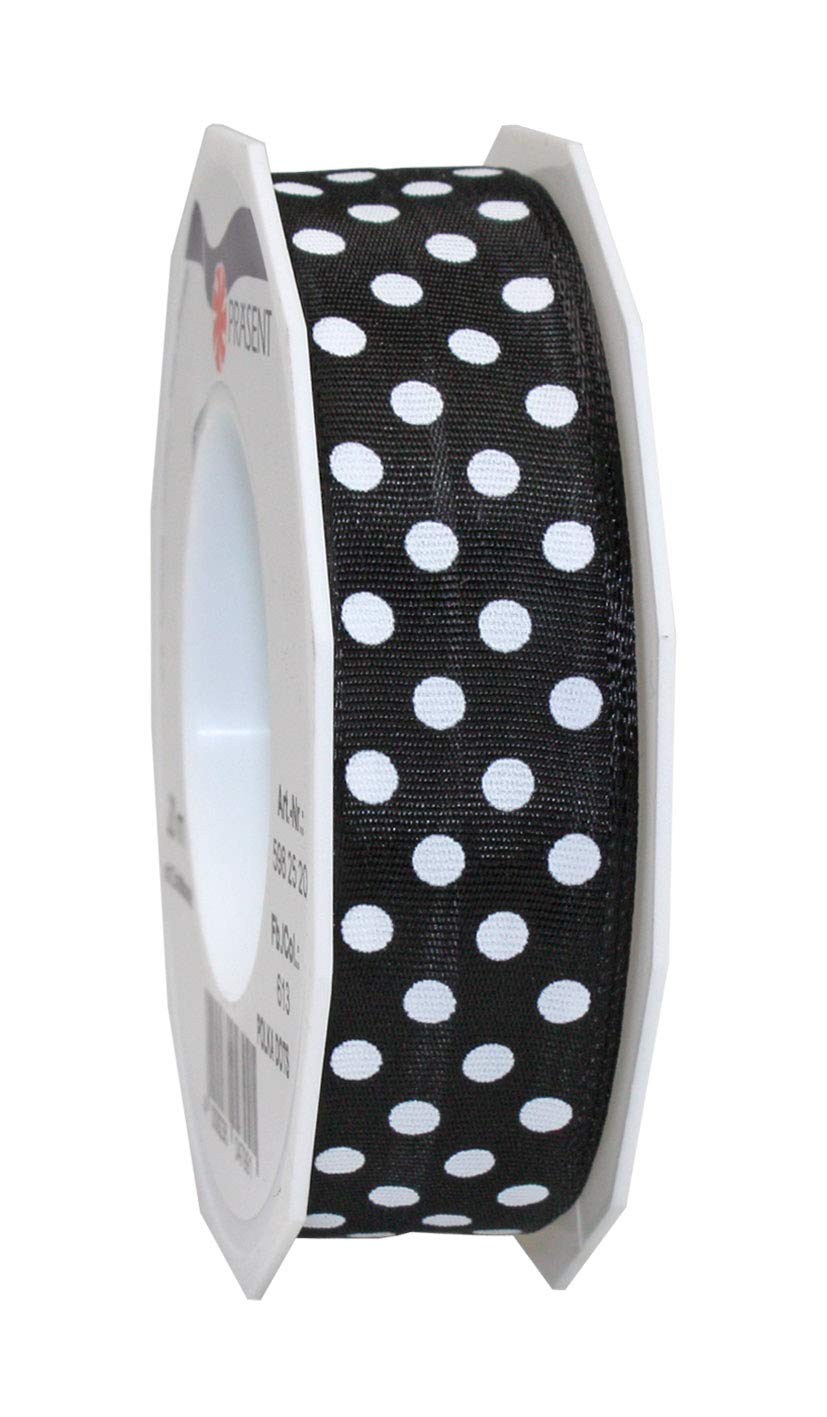 Präsent - Polka Dots Wired & Printed Ribbon Black-White 25 mm Width, 20 m Length