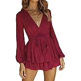 Bonkwa Women's Summer Deep V-Neck Floral Print Romper Long Baggy Sleeves Double Layer Ruffle Hem Short Jumpsuits with Belt…