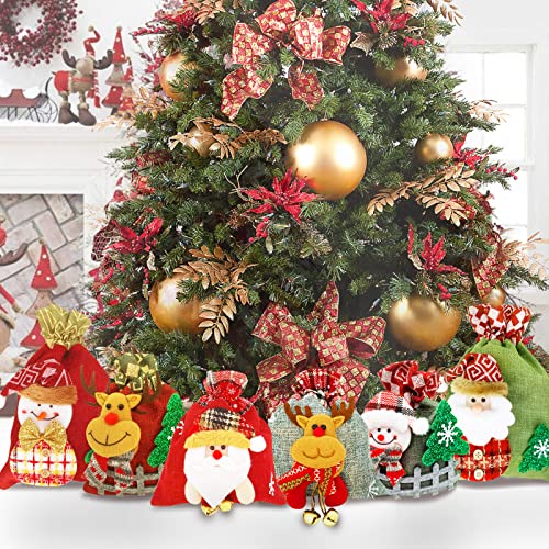 Christmas Gift Bags 6PCS 3D Design Small Medium Burlap Bag Christmas Gift Wrapping Bag Assorted Sizes Xmas Drawstring Bags Reusable Holiday New Year Party Favor Goody Bags Candy Stockings Storage Bag