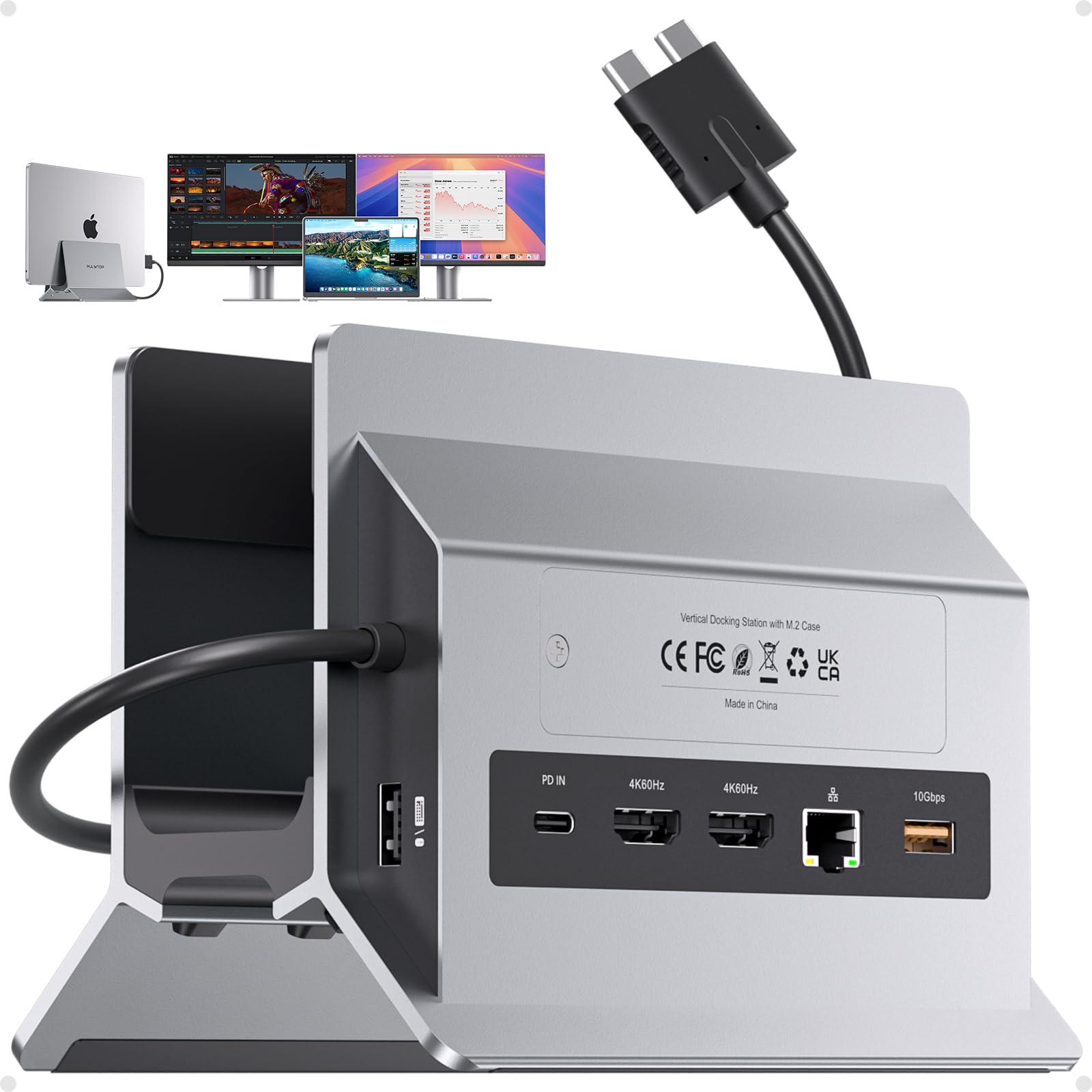 MacBook Dockingstation für Dual Monitore, Dual USB-C Laptop Docking Station mit 2 HDMI 4K@60Hz, USB A/C 10 Gbit/s, Ethernet, NVMe SSD Gehäuse, SD/TF Vertical Dock Ständer für MacBook Air/Pro M3 M4 M5