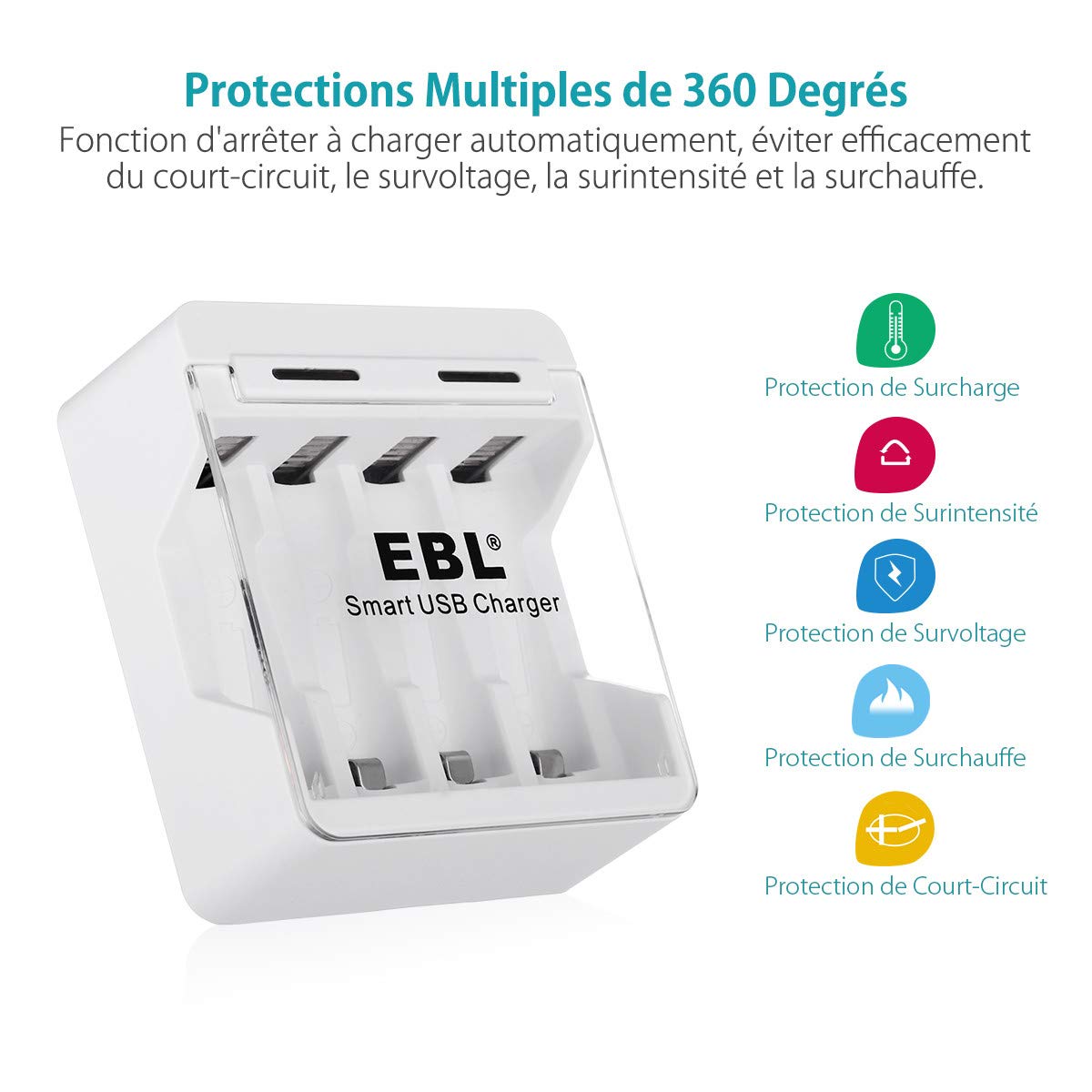 EBL 4 prise chargeur de pile rechargeable AA/AAA Ni-MH Ni-CD chargé par le Port USB Livré avec USB