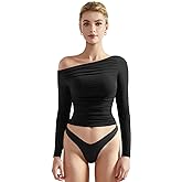 SUUKSESS Women Off Shoulder Long Sleeve Shirts Double Lined Fitted Crop Tops