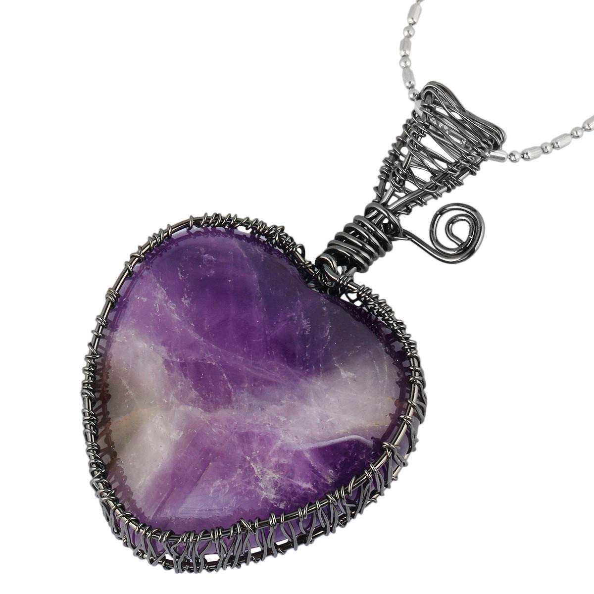 mookaitedecor Purple Amethyst Healing Crystal Heart Pendant Necklace for Women Mum Wife, Boho Style Fancy Wire Wrapped Reiki Chakra Tumbled Stone Necklace Quartz Jewellery Mother's Day Crystal Gift