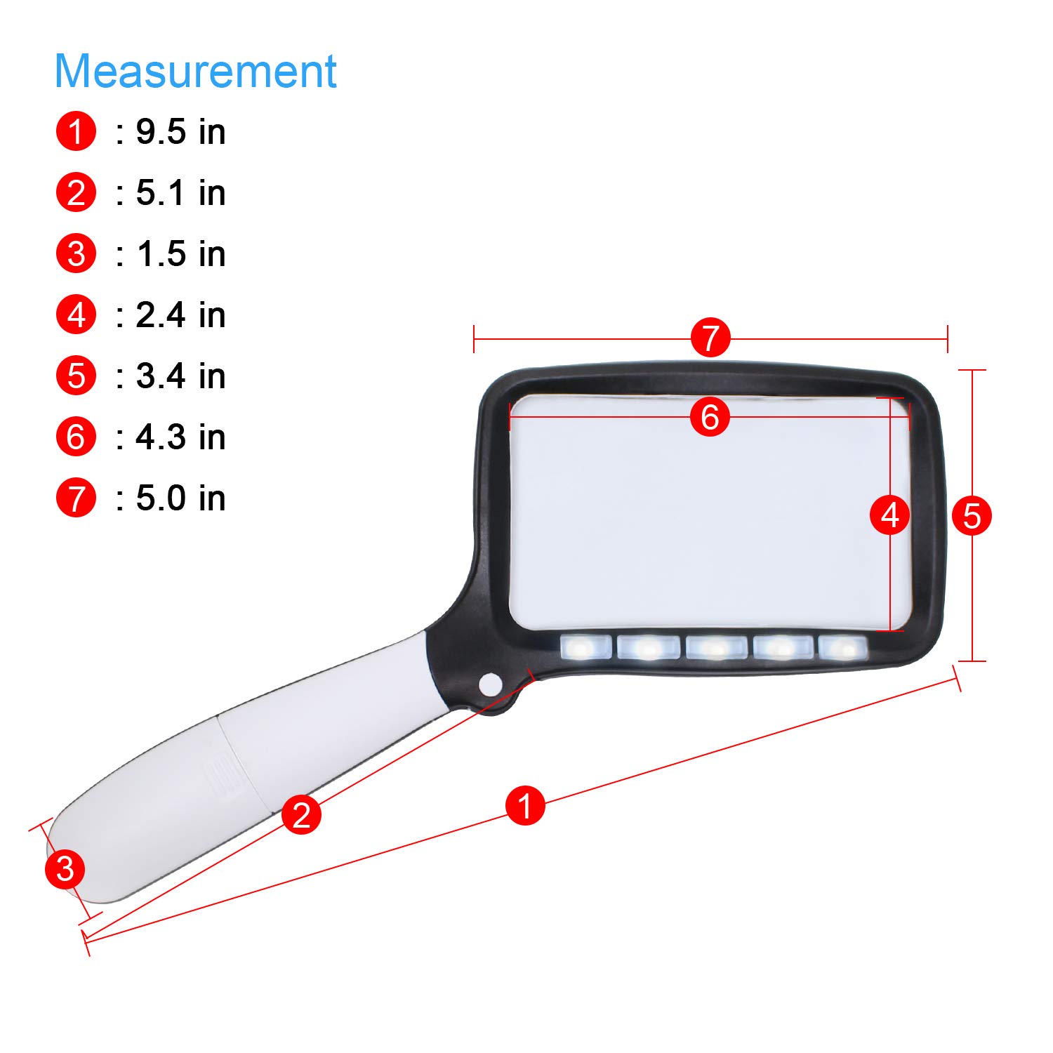 H+LUX Lighted Magnifying Glass 2X Large Handheld Reading Magnifier with 5 Dimmable LED Lights, Folding Handle, Rectangular Lens, Ideal for Seniors Reading, Low Vision, Macular Degeneration, Hobbyists