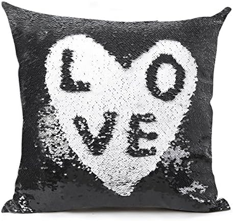 URSKYTOUS Reversible Sequin Pillow Case Decorative Mermaid Pillow Cover Color Changing Cushion Throw Pillowcase 16” x 16”,Black and White