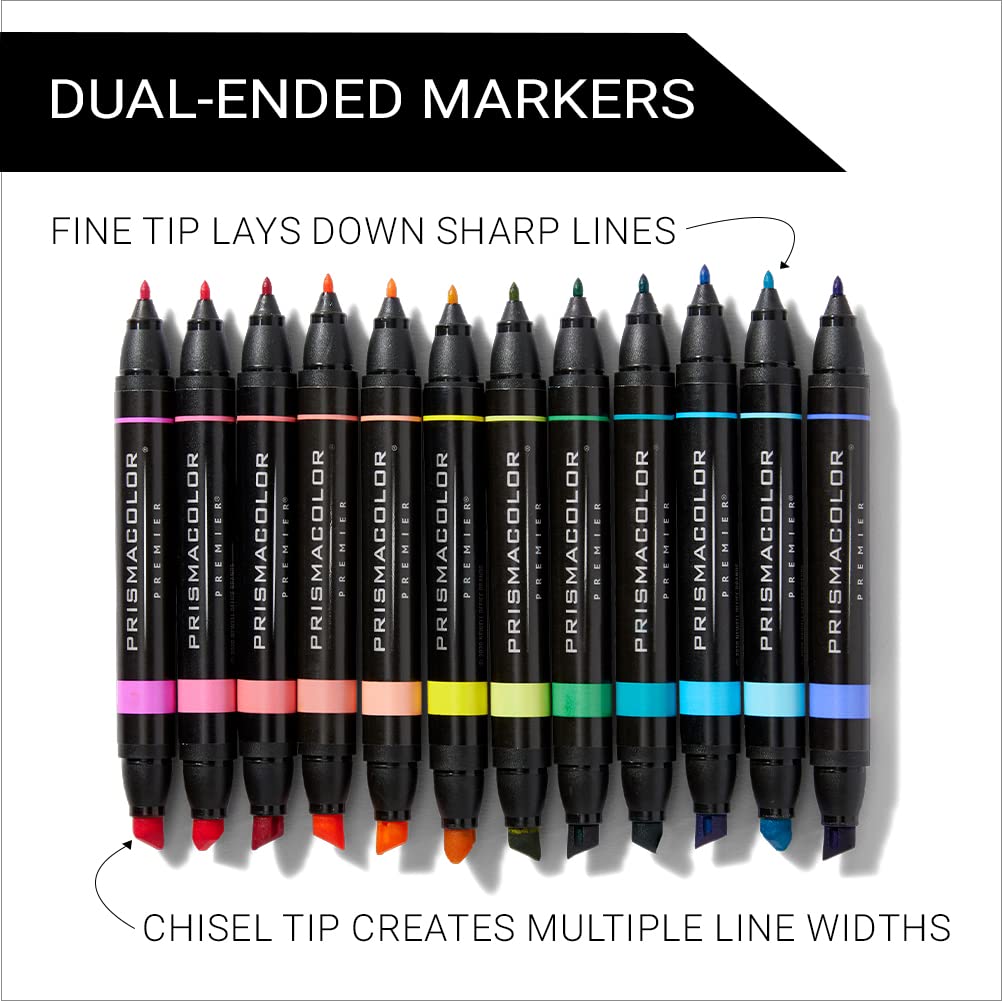 Prismacolor Premier Dual-Ended Art Markers Chisel Tip and Fine Tip Hyper Bright Colors Adult Coloring 12 Count