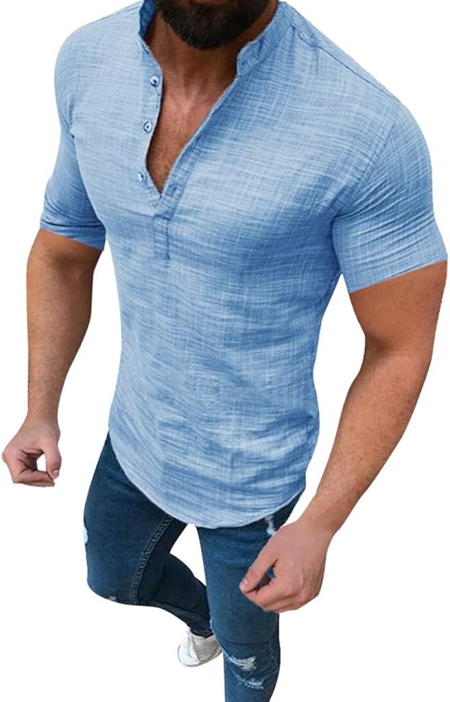 Men's African Printed Shirts Short Sleeve Button Crewneck Casual Henley Loose Tee Tops Blouse