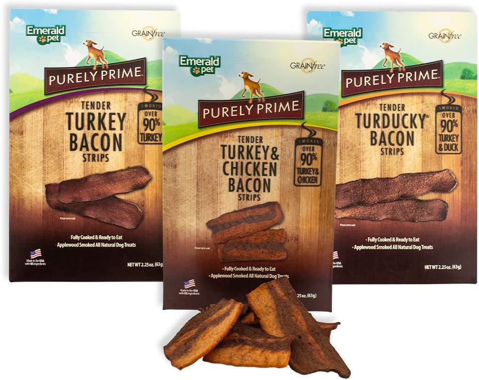 Emerald Pet - Purely Prime Tender Turkey Bacon Strips, All Natural, Grain Free, Gluten Free, Soy Free, Allergy Friendly, Over 90% Turkey (Turkey, Turducky, Turkey & Chicken, 2.25 oz) | 3-Pack